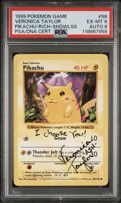 1999 Rare Ash Signed Shadowless Red Cheeks Pikachu Pokemon Card Base Set PSA #58 - Image 1