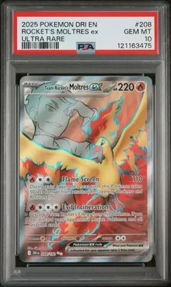 2025 POKEMON DRI EN-DESTINED RIVALS #208 ROCKET'S MOLTRES ex ULTRA RARE PSA 10 - Image 1