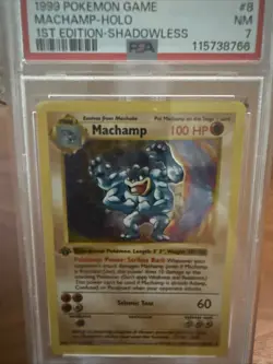1999 Pokemon Base Set 1st Edition Machamp Shadowless Holo #8 PSA 7 - Image 2