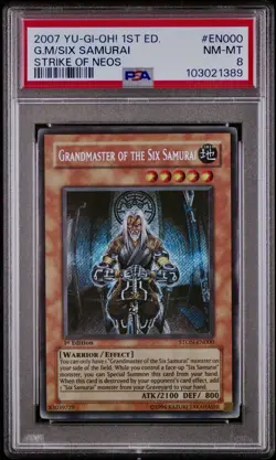 Yugioh PSA8 Grand Master Of The Six Samurai STON-EN000 1st Secret Rare - Image 1