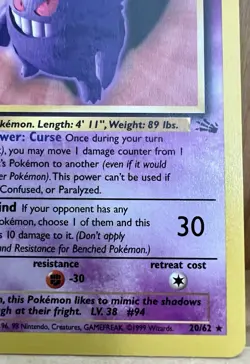 Gengar Pokemon TCG Fossil Set Unlimited 20/62 Rare Non-Holo LP - Image 3