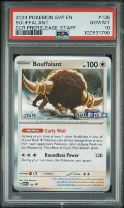 2024 POKEMON EN-SV BLACK STAR PROMO #136 BOUFFALANT SCR PRERELEASE-STAFF PSA 10 - Image 1