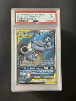2019 POKEMON SUN & MOON COSMIC ECLIPSE 214 FULL ART BLASTOISE & PIPLUP GX PSA 9 - Image 1