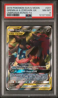 Pokemon Sun & Moon Unbroken Bonds 201 Full Alt Art Greninja & Zoroark GX PSA 8 - Image 1