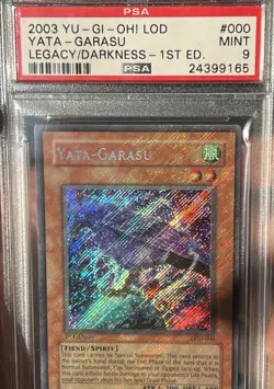 YuGiOh 2003 Yata-Garasu LOD-000 1st Edition PSA 9 Secret Rare Heavy Foilbleed - Image 1