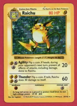 1999 Pokemon RAICHU Base Set SHADOWLESS HOLO Rare Card 14/102 WotC - Damaged - Image 1