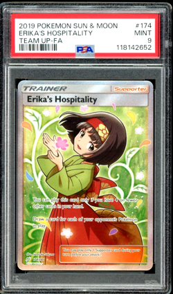 PSA 9 Erika's Hospitality Full Art 174 Pokemon Card Sun Moon Team Up MINT - Image 1