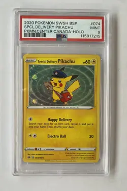 Pokemon TCG Special Delivery Pikachu P.M. Center Canada Holo Promo SWSH074 PSA 9 - Image 1