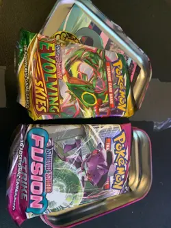 TWO PACKS POKEMON CARDS UNOPENED EVOLVING SKIES & FUSION STRIKE SEALED WITH TIN - Image 4