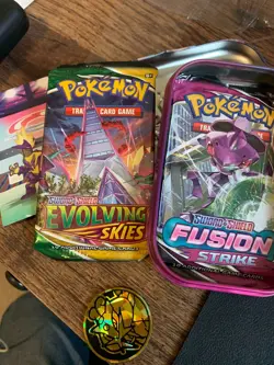 TWO PACKS POKEMON CARDS UNOPENED EVOLVING SKIES & FUSION STRIKE SEALED WITH TIN - Image 1