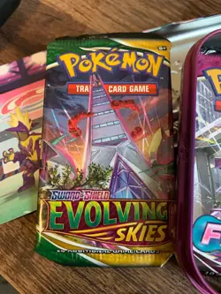 TWO PACKS POKEMON CARDS UNOPENED EVOLVING SKIES & FUSION STRIKE SEALED WITH TIN - Image 3