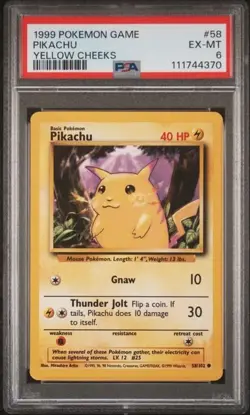 Pokemon Base Set Pikachu Card 58/102 Yellow Cheeks PSA 6 - Image 1