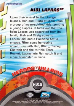 Pokemon #131 Lapras Card #HV13 2000 Topps TV Animation Edition Series 3 - Image 2