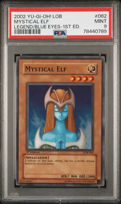 2002 YuGiOh Mystical Elf 1st Ed. LOB-062 Super Rare PSA 9 Mint - Image 1