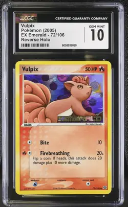 CGC 10 GEM MINT Vulpix EX Emerald 72/106 Reverse Holo STAMPED Pokemon Card psa - Image 1