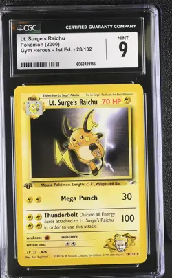 CGC 9 MINT Lt. Surge's Raichu Gym Heroes 1st Edition 28/132 Pokemon Card psa - Image 1