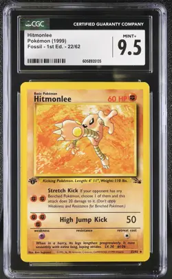 CGC 9.5 MINT+ Hitmonlee 1999 Fossil 1st Edition 22/62 Pokemon Card psa - Image 1