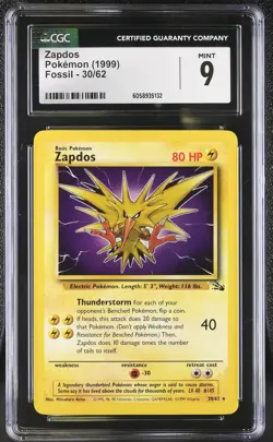 CGC 9 MINT Zapdos 1999 Fossil 30/62 Pokemon Card psa - Image 1