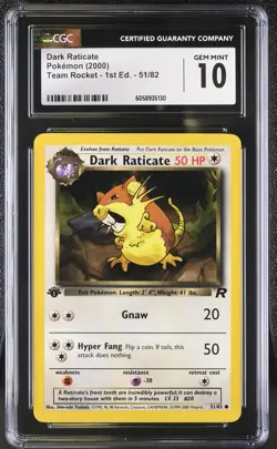 CGC 10 GEM MINT Dark Raticate Team Rocket 1st Edition 51/82 Pokemon Card psa - Image 1