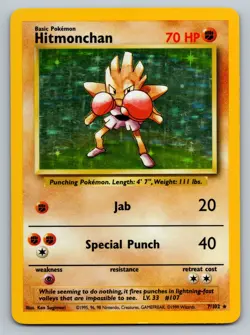 Pokemon Card TCG Base Set Hitmonchan Holograohic Rare 7/102 Unlimited Edition MP - Image 1