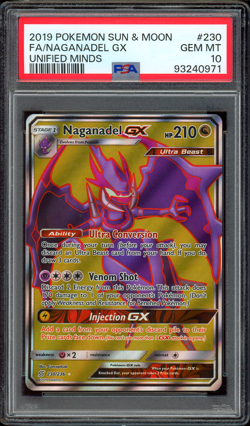 2019 POKEMON SM UNIFIED MINDS FULL ART 230 NAGANADEL GX PSA 10 GEM MINT - Image 1