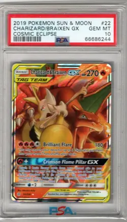 2019 Pokemon S&M Cosmic Eclipse CHARIZARD & BRAIXEN GX #22 PSA 10 Gem Mint Holo - Image 1