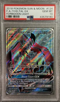 2018 POKEMON FORBIDDEN LIGHT YVELTAL GX #124 FULL ART PSA 10 GEM MINT #113906420 - Image 1