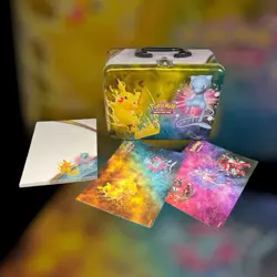 Pokemon Trading Card Game Tin Storage Box Lunchbox Pikachu + Stickers & Notepad - Image 1