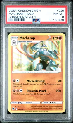 2020 POKEMON SWORD & SHIELD CHAMP'S PATH #026 MACHAMP-HOLO PSA 8 - Image 1