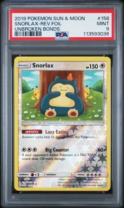 2019 POKEMON SUN & MOON UNBROKEN BONDS #158 SNORLAX-REVFOIL UNBROKEN BONDS PSA 9 - Image 1
