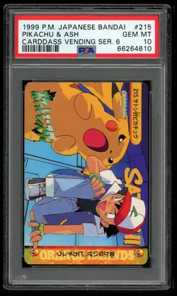 Pokemon Japanese Carddass 1999 215 Pikachu & Ash Card Bandai PSA 10 66264610 - Image 1