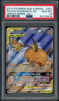 PSA 10 GEM MINT Raichu & Alolan Raichu GX 221/236 Unified Minds Pokemon Graded - Image 1