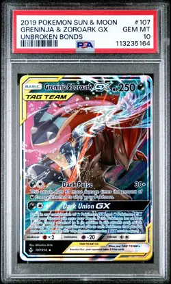 2019 POKEMON SUN & MOON UNBROKEN BONDS #107 GRENINJA & ZOROARK GX PSA 10 - Image 1