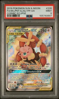 2019 Pokemon Sun & Moon Cosmic Eclipse Mega Lopunny & Jigglypuff GX #226 PSA 9 - Image 1