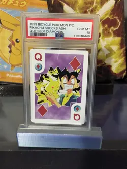 1999 Bicycle Pokemon Pikachu Shocks Ash Queen Of Diamonds Psa 10 Pop 9 LOW POP - Image 1