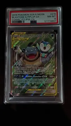 2019 POKEMON SUN & MOON COSMIC ECLIPSE #215 FULL ART/BLASTOISE & PIPLUP GX PSA 8 - Image 1