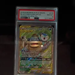 2019 POKEMON SUN & MOON COSMIC ECLIPSE #215 FULL ART/BLASTOISE & PIPLUP GX PSA 8 - Image 4