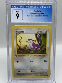 Rattata 61/102 Base Set 1st Ed Shadowless Non Holo WotC Pokemon TCG Card CGC 9 - Image 1