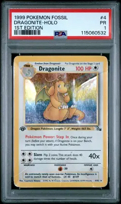 1999 POKEMON FOSSIL 1ST ED #4 DRAGONITE-HOLO PSA 1 - Image 1