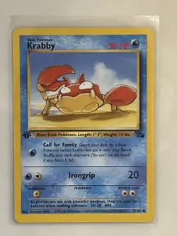 1999 Pokemon TCG Krabby 51/62 1st Edition Fossil Set Card WOTC Vintage LP - Image 1