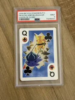 1999 Pokemon Bicycle Playing Cards Pikachu & Bulbasaur Queen Of Clubs PSA 9 - Image 1
