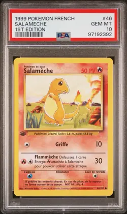 1999 Pokemon Salameche (charmender) de Base Set 1st Edition FRENCH #46 PSA 10 - Image 1