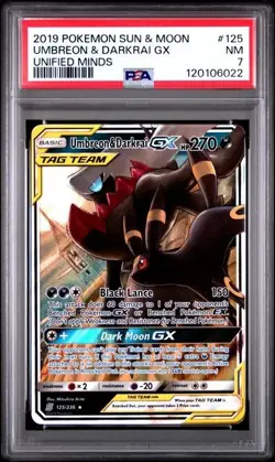 2019 POKEMON SUN & MOON UNIFIED MINDS #125 UMBREON & DARKRAI GX PSA 7 - Image 1