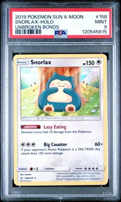 2019 Pokemon Sun & Moon Unbroken Bonds #158 Snorlax Holo PSA 9 Mint - Image 1