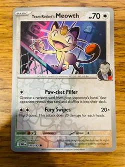 NM! Team Rocket's Meowth (149/182) Destined Rivals Reverse Holo Pokemon Card! - Image 1