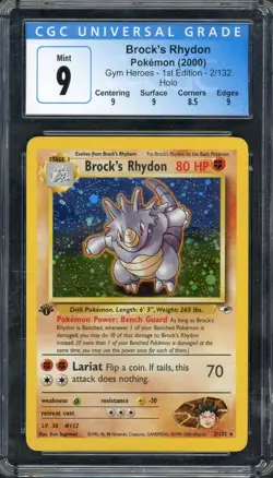 CGC 9 Brock's Rhydon (1st Ed.) Gym Heroes 2/132 Holo Pokemon Card B15 - Image 1
