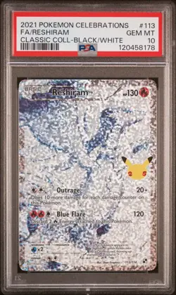 2021 POKEMON CELEBRATIONS FULL ART RESHIRAM BLACK/WHITE 113/114 PSA 10 GEM MINT - Image 1