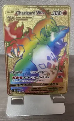 Gold Metal Pokemon Charizard Vmax Rainbow Gold Foil Fan Art Card 074/073 - Image 1