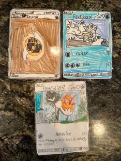 Hand drawn Pokemon cards by child entrepreneur, Frigibax, Fletchling, energy - Image 1