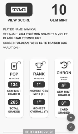 Pokemon Paldean Fates Mimikyu Pokemon Center ETB Promo - TAG GEM MINT 10 - Image 3